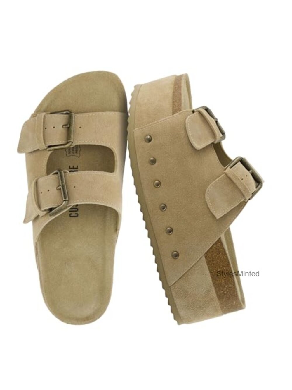 Genuine Leather Platform Slide Sandals Studded Cork Footbed